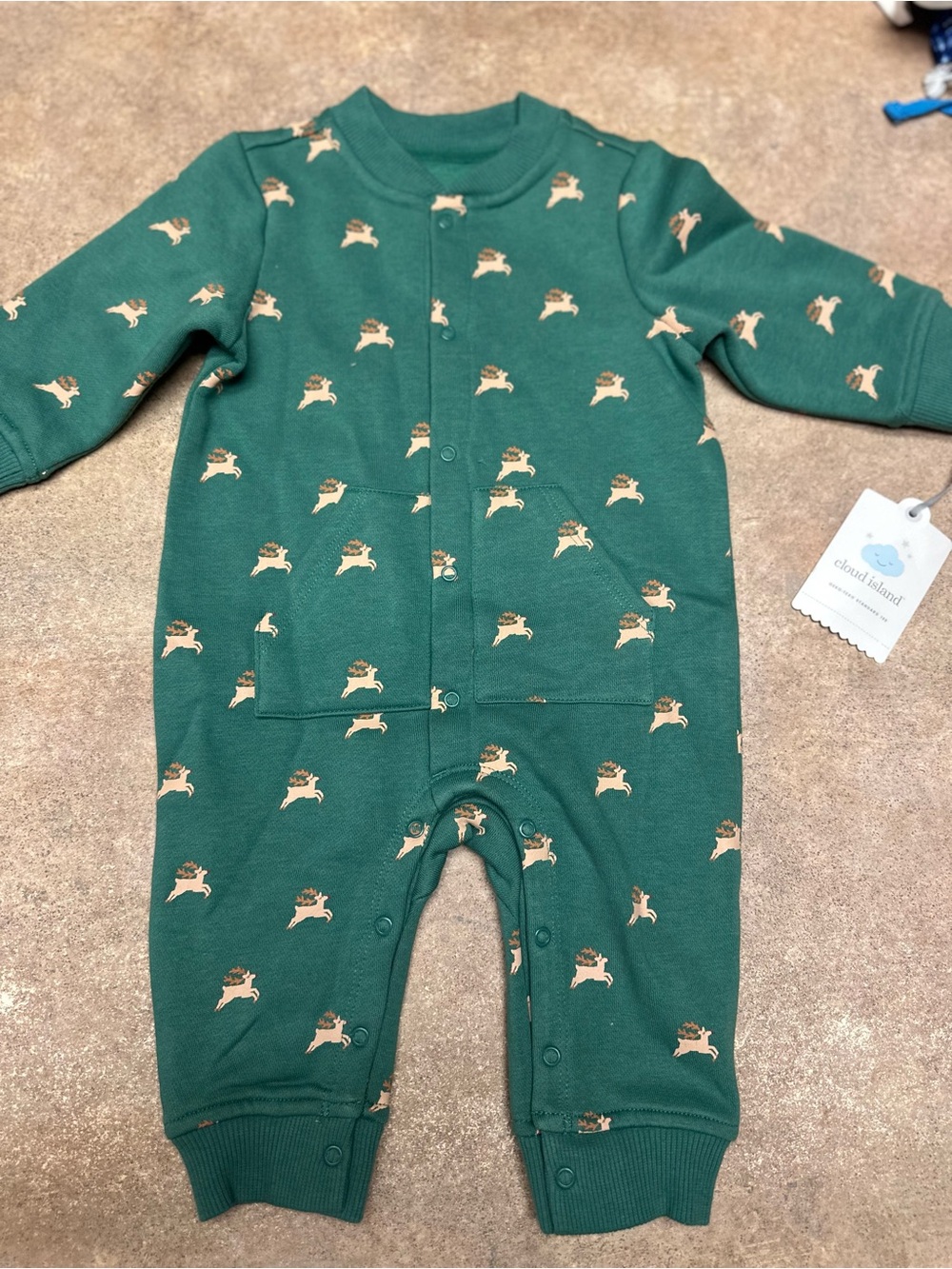 cloud island Green One-Piece with Beige Reindeer Print